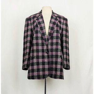 Vintage 90s Jacket Black Gray Pink Silver Plaid Academia Blazer Misses Size 14